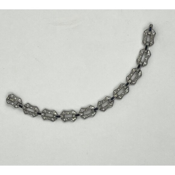 Vintage Art Deco Style Silver-Tone Bracelet Marcasite & Blue Stones - Picture 4 of 9